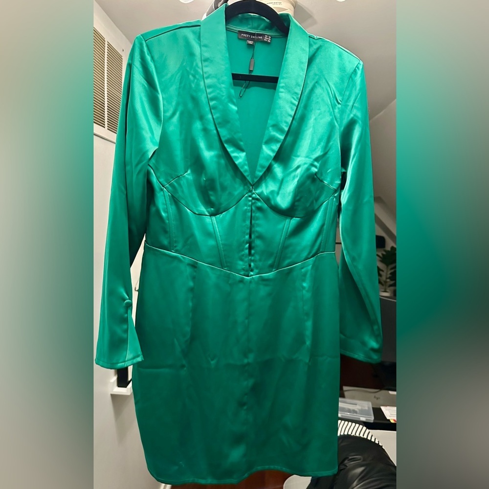 Green Satin Corset Long Sleeve Mini Dress by Pretty Darling